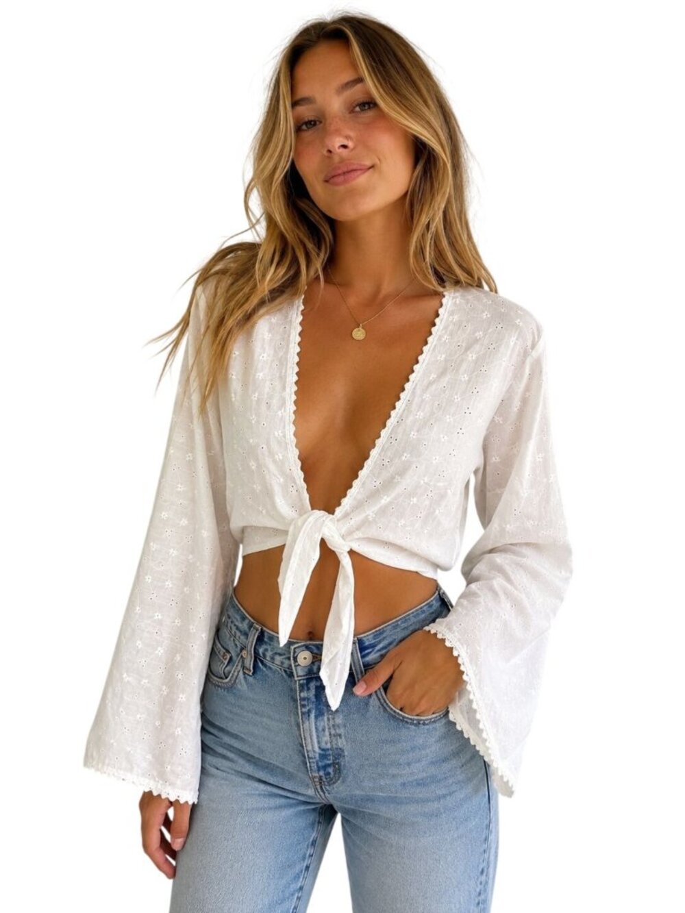 Vintage 1970s Handmade White Eyelet Tie Front Crop Top Womens Boho Fairycore Bel